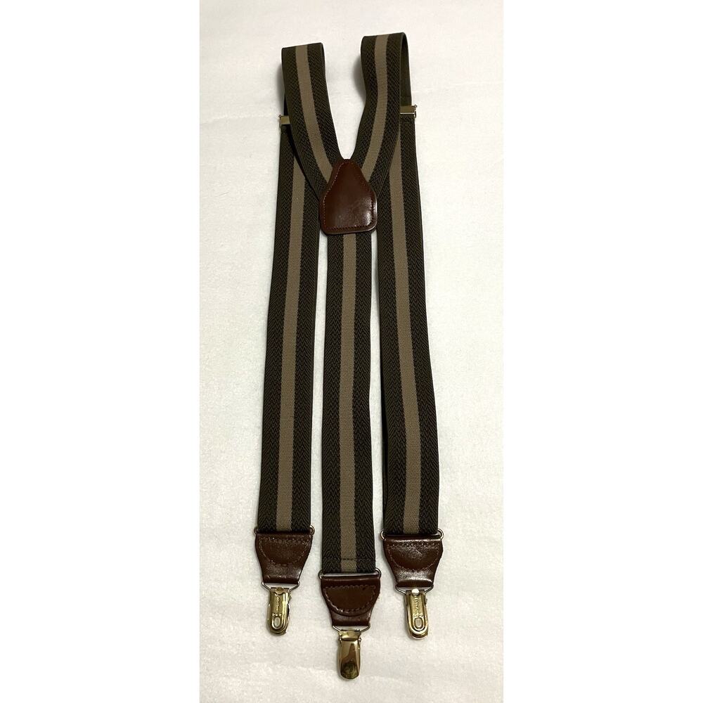 Vtg CAS Germany Clip Suspenders Leather Brass Hardware Adjustable Brown Stripe